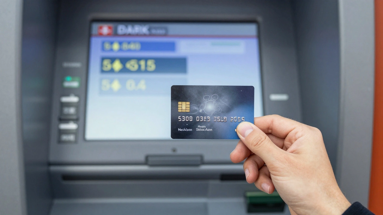 Человек использует карту у банкомата, на экране — баланс счета.