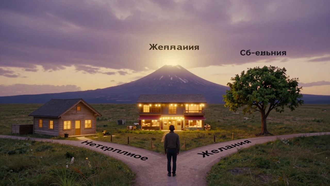 Человек на перекрестке между необходимым, желаниями и сбережениями в символическом пейзаже.