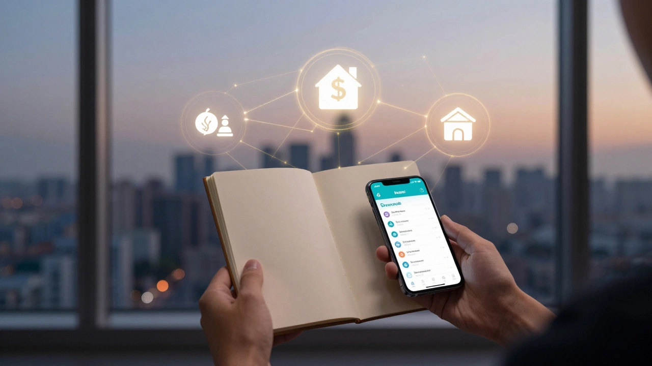 Человек с блокнотом и телефоном, перед городом на закате, финансовые элементы в воздухе.