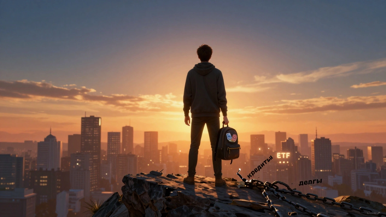 Человек стоит на скале, держа рюкзак с подушкой безопасности, разрывая цепи долгов на фоне восхода.