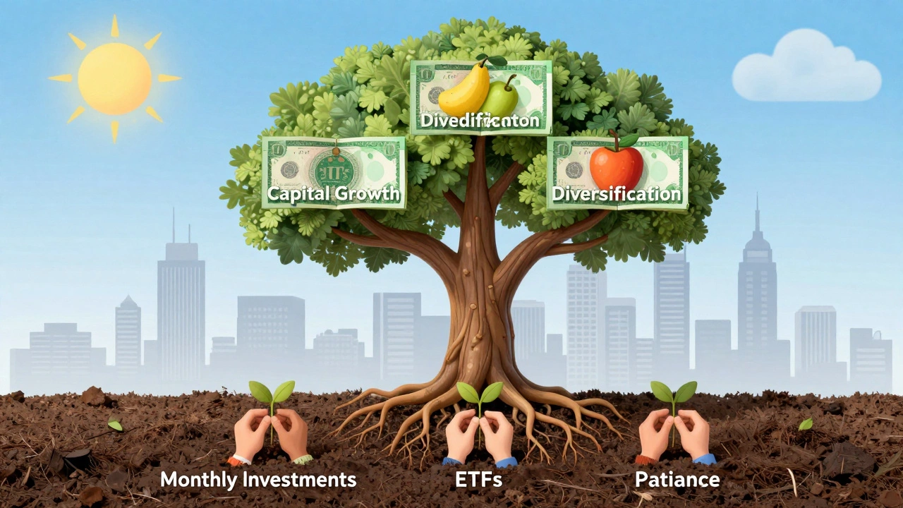 Дерево с фруктами 'Дивиденды' и 'Рост капитала', корни из денег, люди сажают семена инвестиций.
