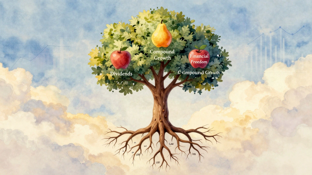 Дерево с корнями из денежных купюр и плодами, обозначенными как дивиденды и сложный процент.