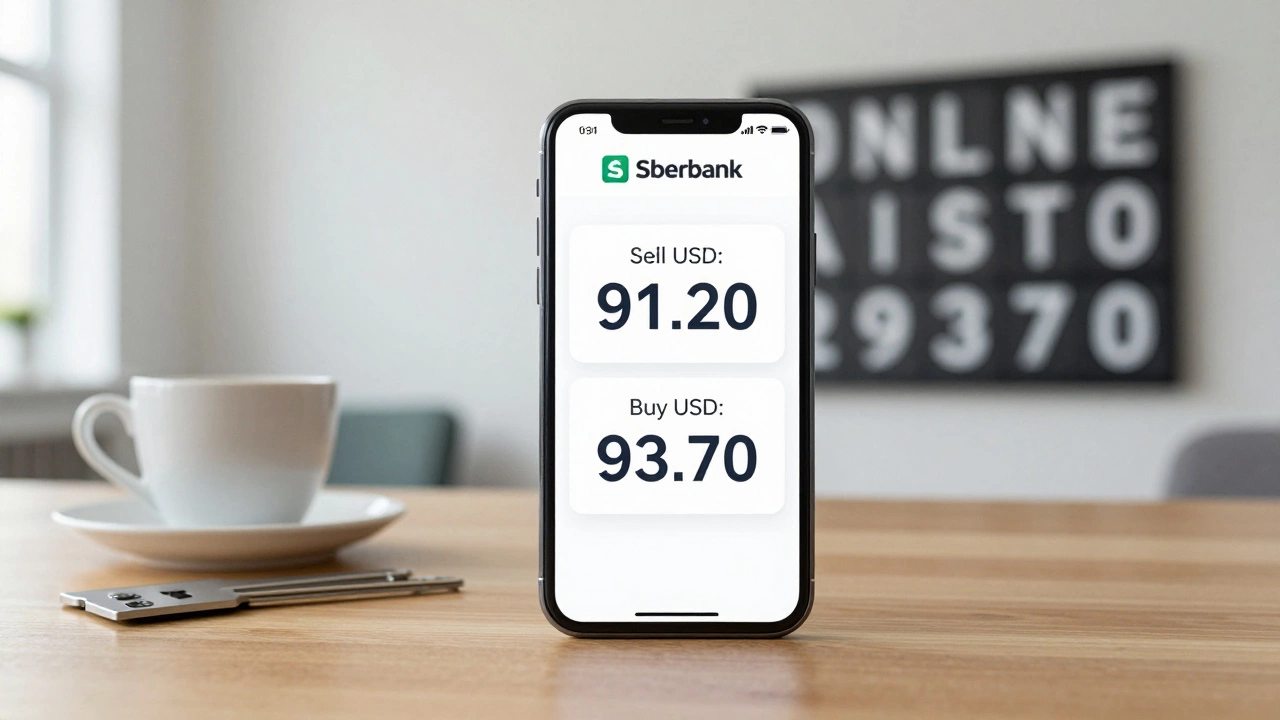 Экран приложения Сбербанк Онлайн с точными курсами покупки и продажи доллара.