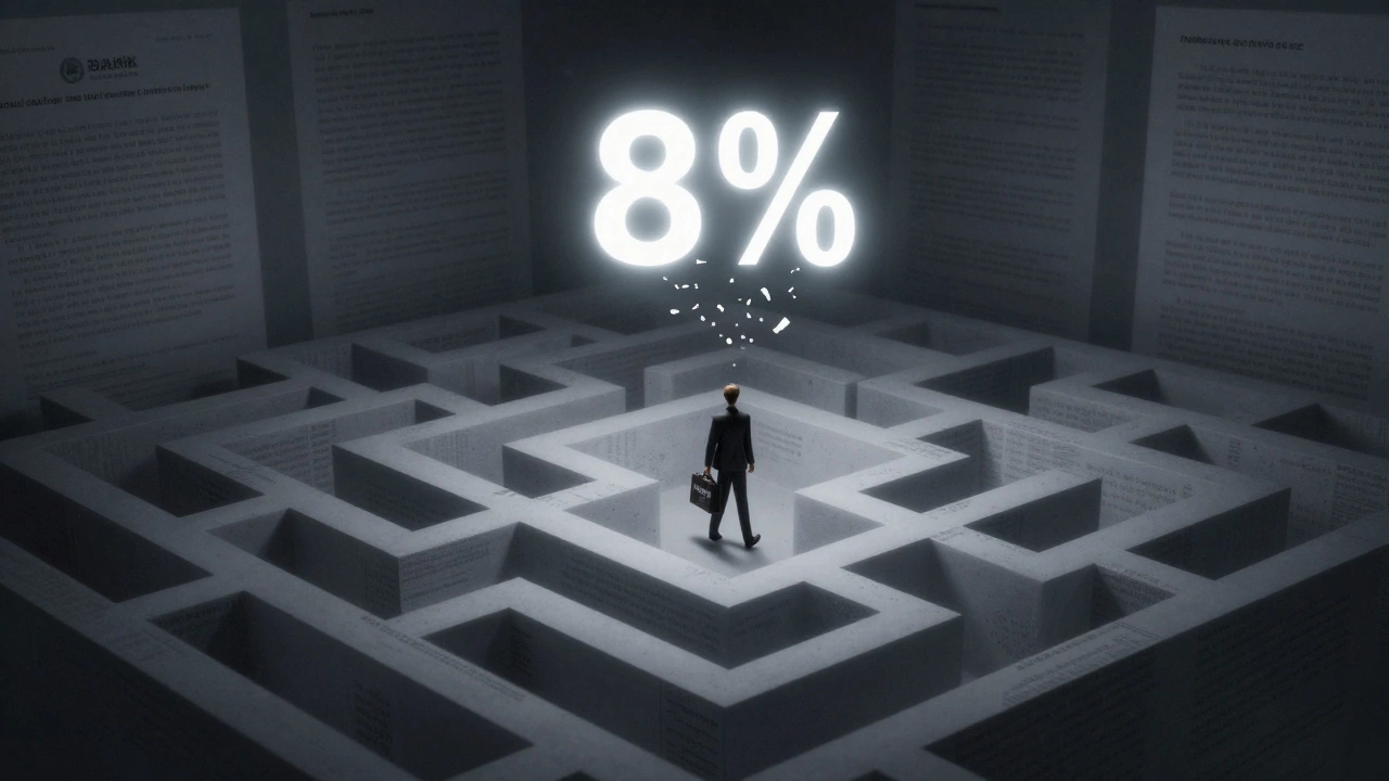 Фигура идет по лабиринту из банковских договоров, над ней разваливается яркая надпись '8%', символизируя скрытые условия накопительного счета.