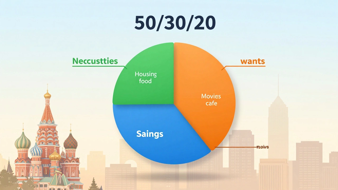 Круговая диаграмма правила 50/30/20 с цветными секторами для расходов и сбережений.