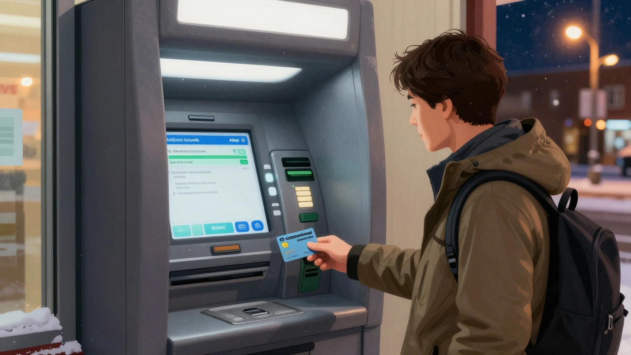 Путешественник снимает наличные в банкомате CVS с картой Мир-Интернешнл.