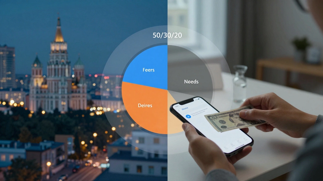 Разделённый экран: город и дом с диаграммой 50/30/20 на фоне цифровых кошельков.