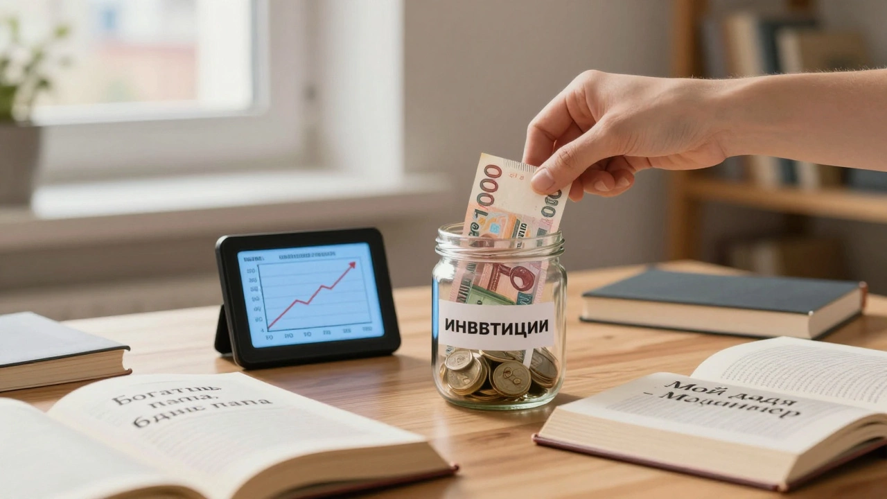 Рука кладёт 1000 рублей в банку для инвестиций, рядом книги и график роста капитала на экране.
