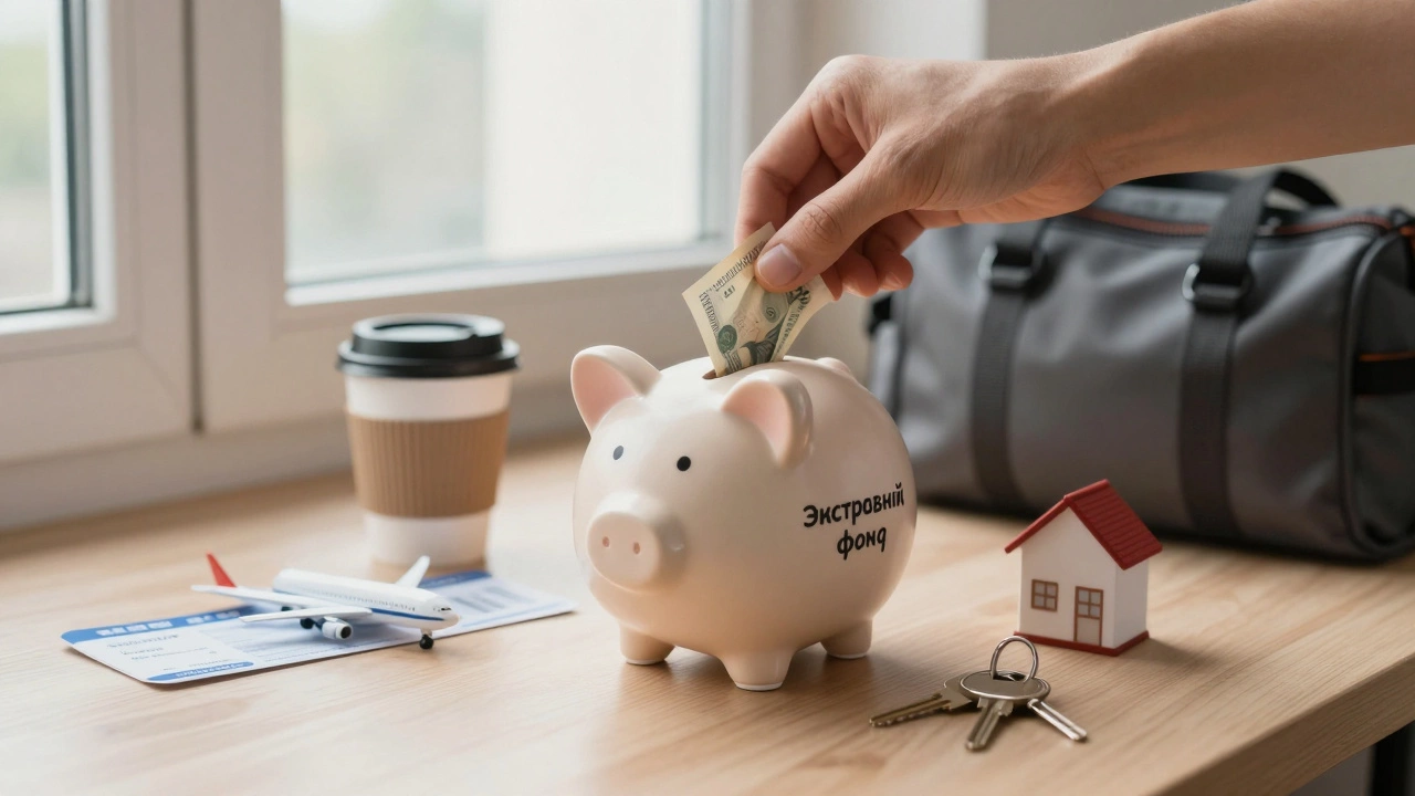 Рука кладёт деньги в копилку с символами путешествий, кофе и ключа от квартиры.