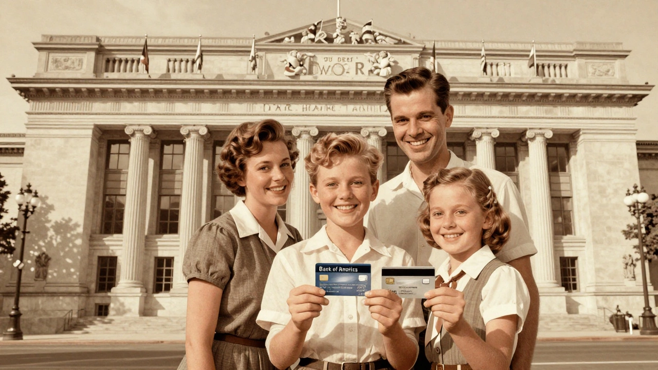 Семья с кредитными картами Bank of America перед зданием банка в стиле винтажной рекламы.