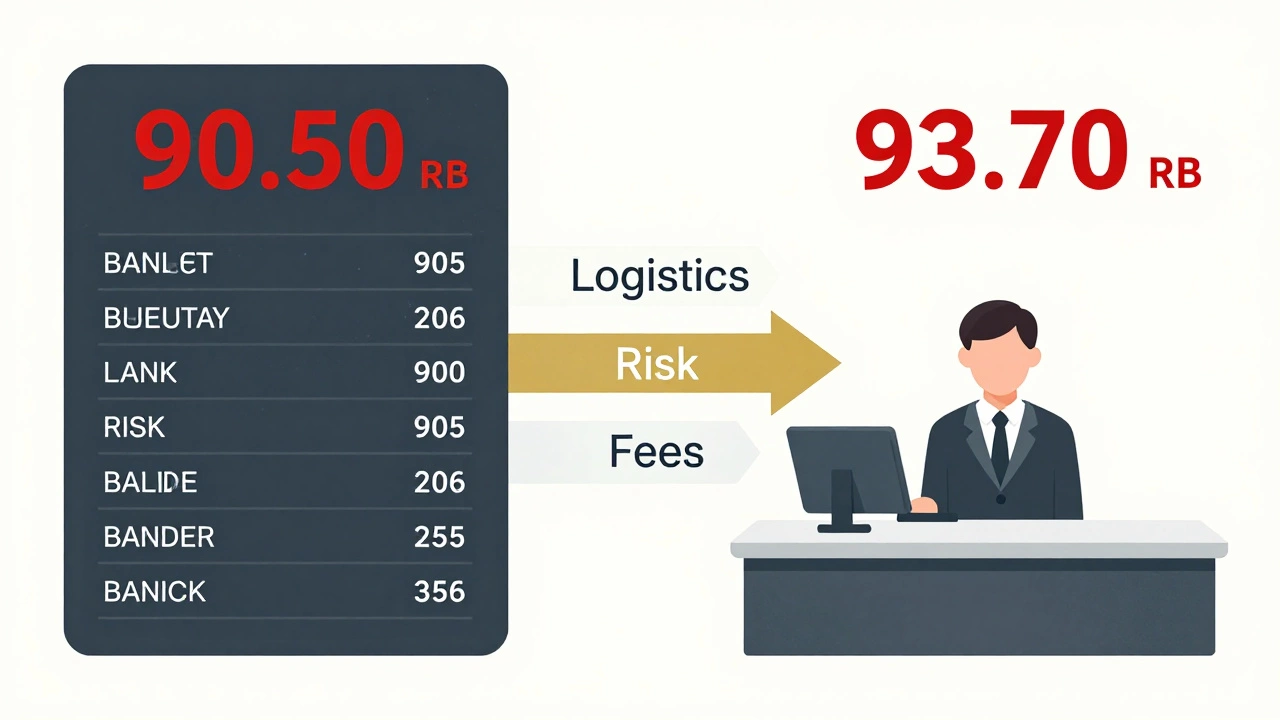 Схема разницы между биржевым курсом и ценой в банке с указанием скрытых расходов.