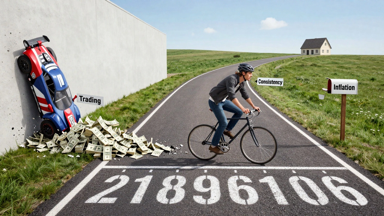 Велосипедист едет по дороге лет, обходя хаос трейдинга, к цели финансовой свободы.