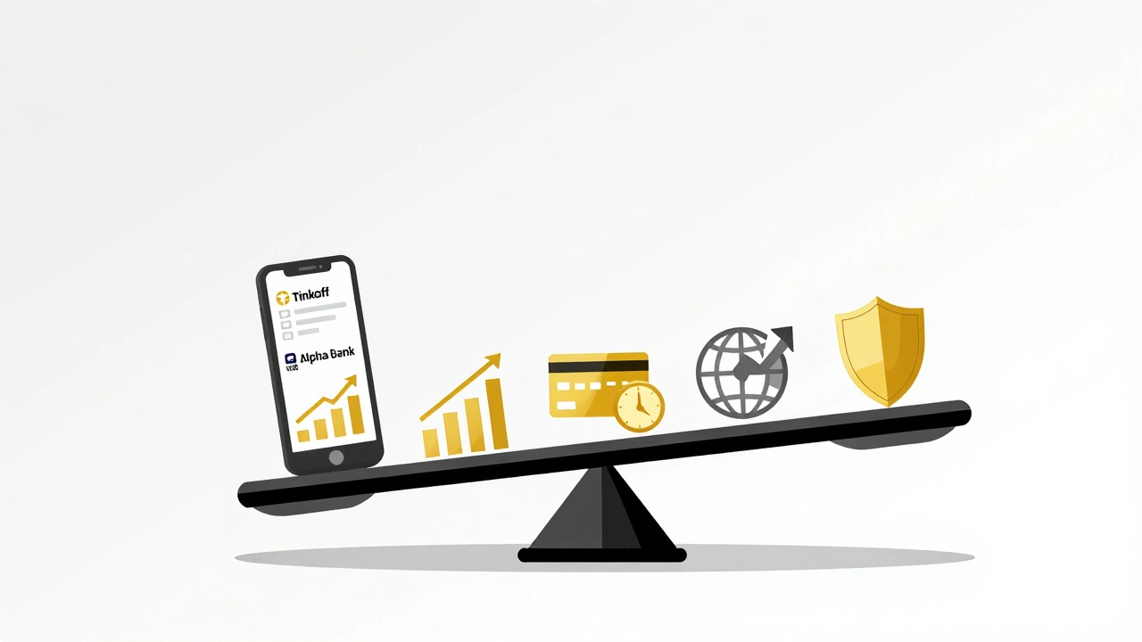 Весы с пятью иконками банков, символизирующие выбор по задачам