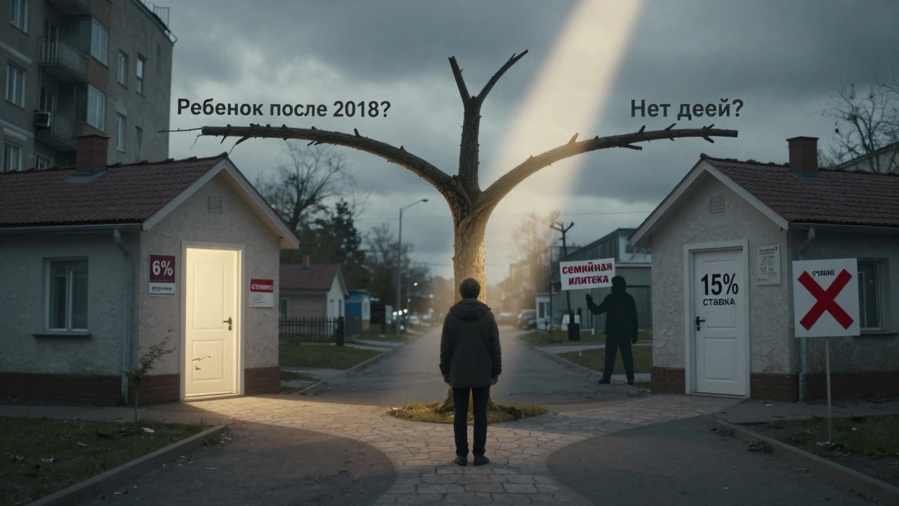 Человек на перекрёстке выбора между семейной ипотекой и ипотекой с господдержкой в городском пейзаже