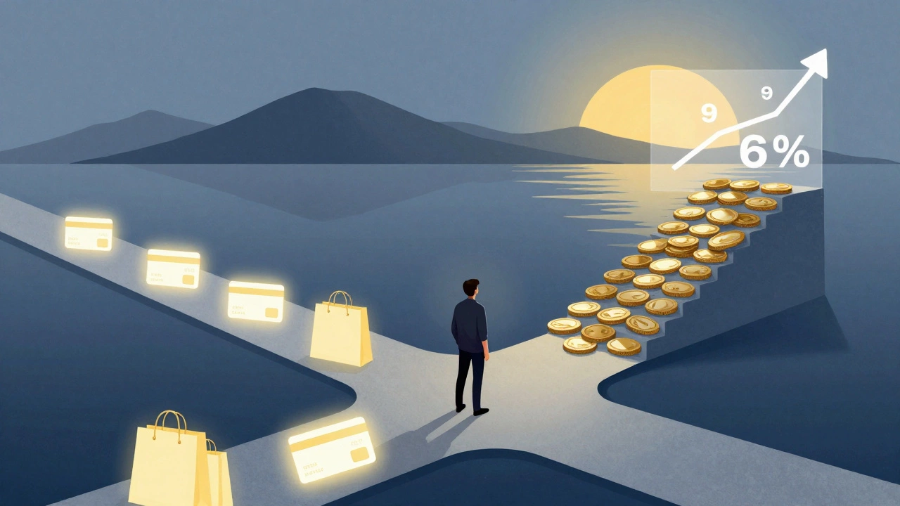 Человек стоит на перекрёстке: один путь — долги и покупки, другой — рост сбережений и свобода.