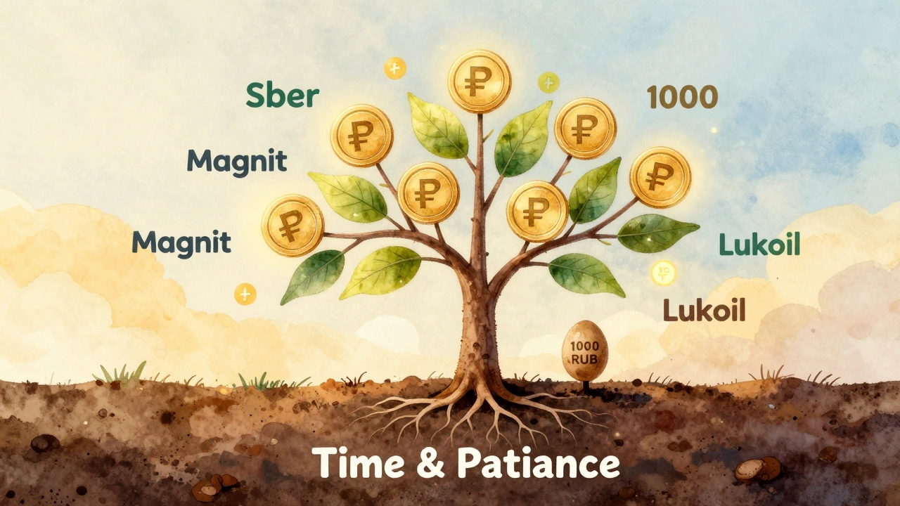 Дерево, выросшее из инвестиций в 1000 рублей, с ветвями-компаниями и листьями-монетами, символизирующее рост через время и дивиденды.