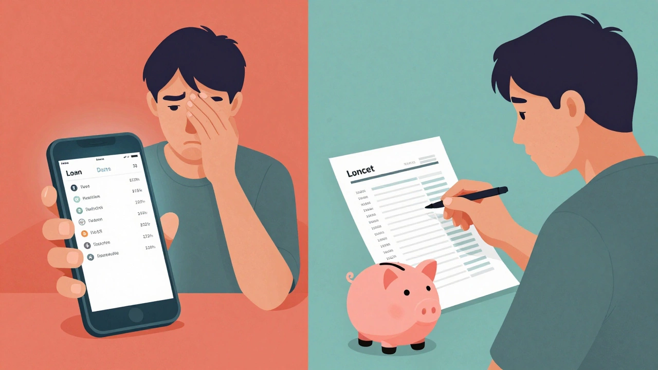 Два сценария: запутанный кредитный договор и спокойный бюджет с копилкой — сравнение неосознанного и осознанного управления деньгами.