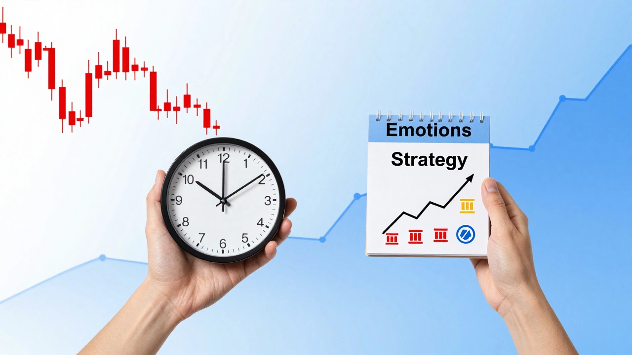 Две руки: одна держит часы с падающими акциями, другая — календарь с растущими акциями и дивидендами, символизируя эмоции против стратегии.