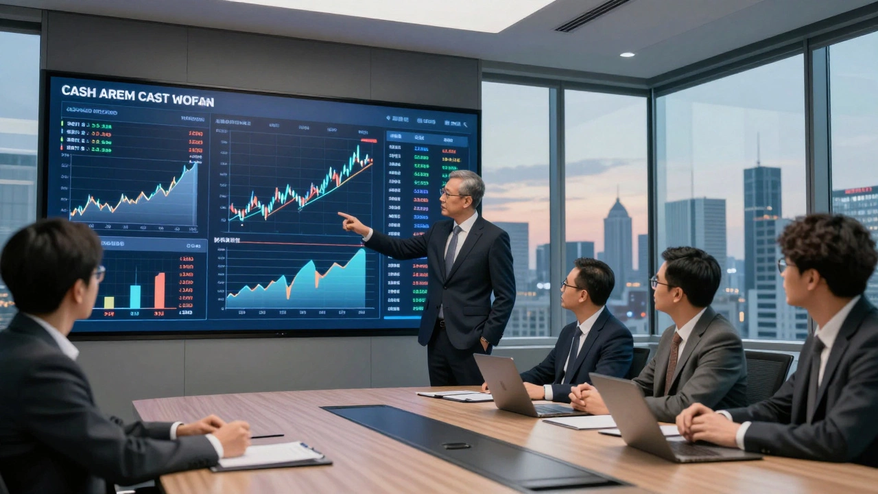 Команда в корпоративном офисе анализирует финансовые показатели на экране.