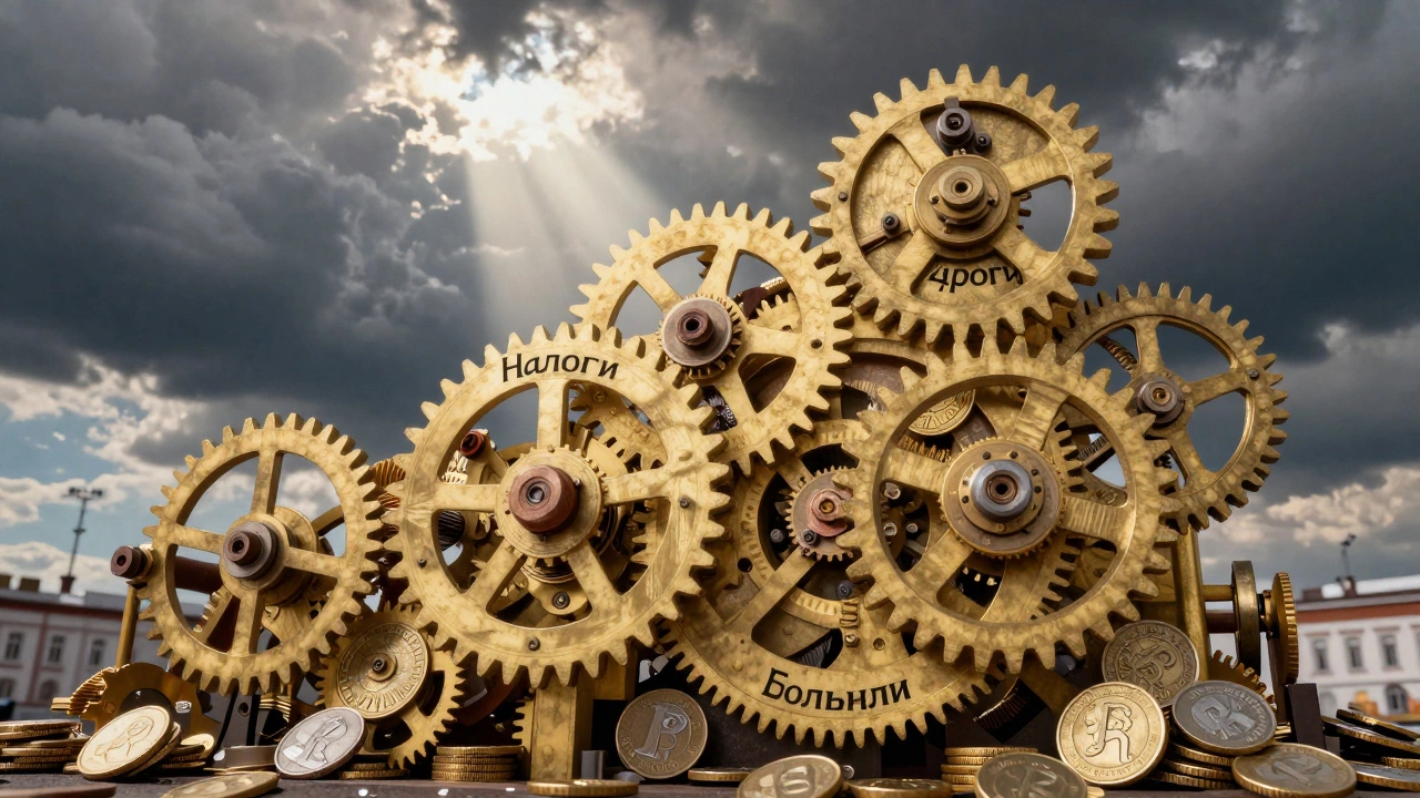 Механизм из монет и шестерёнок символизирует государственные финансы и их влияние на инфраструктуру.