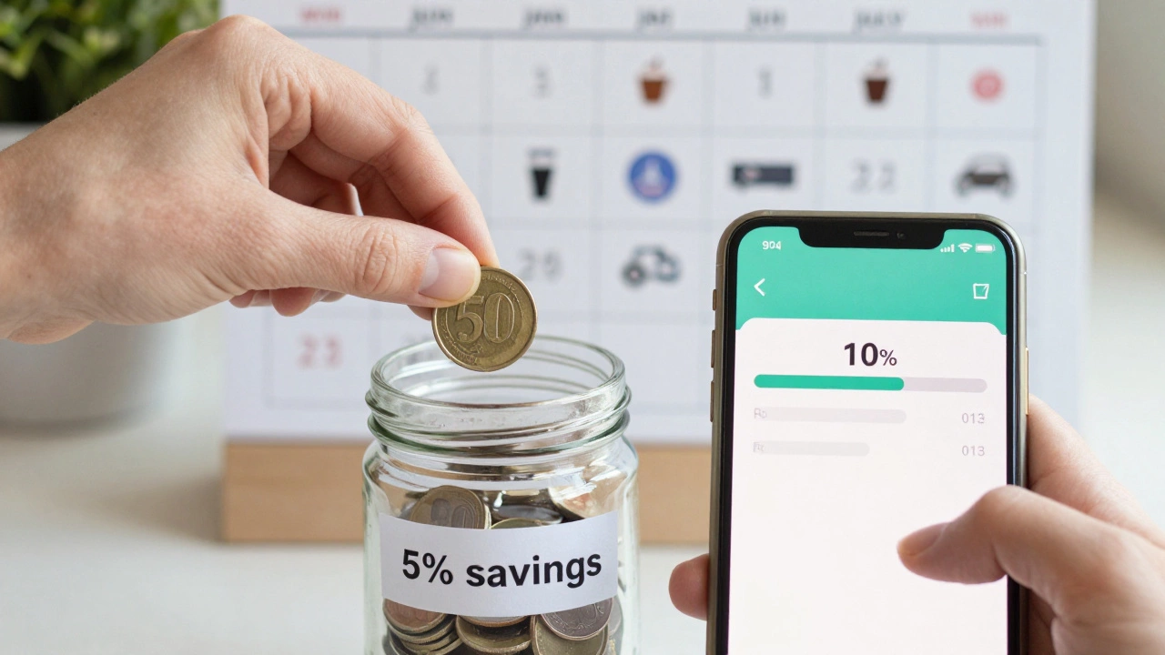 Рука кладёт 500 рублей в банку для сбережений, на телефоне — приложение с прогрессом откладывания 5% дохода.