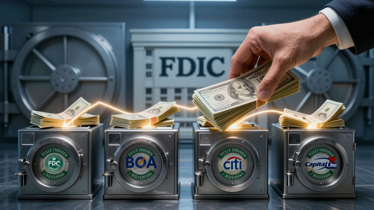 Рука кладет деньги в четыре отдельные сейфы с логотипами банков и печатями FDIC, соединенные с центральным зданием FDIC.