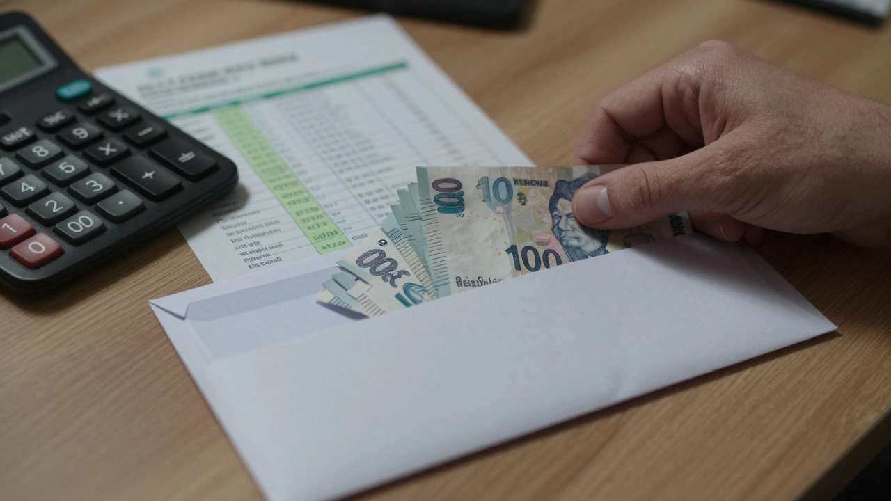 Рука кладёт мелкие купюры в конверт для сбережений рядом с калькулятором и выпиской.
