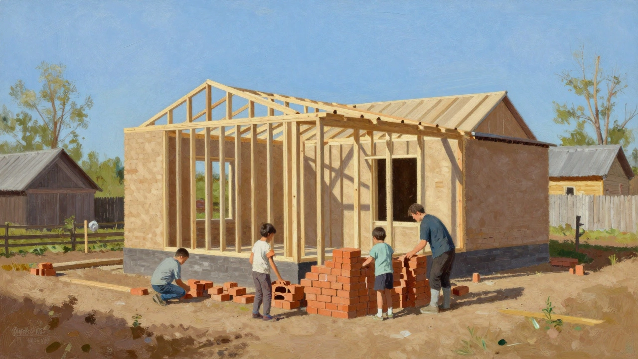 Семья строит дом в сельской местности Тюменской области