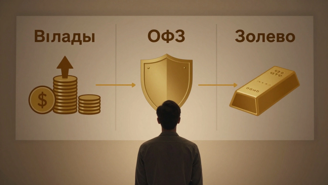 Стена с тремя вариантами хранения денег: вклады, ОФЗ, золото