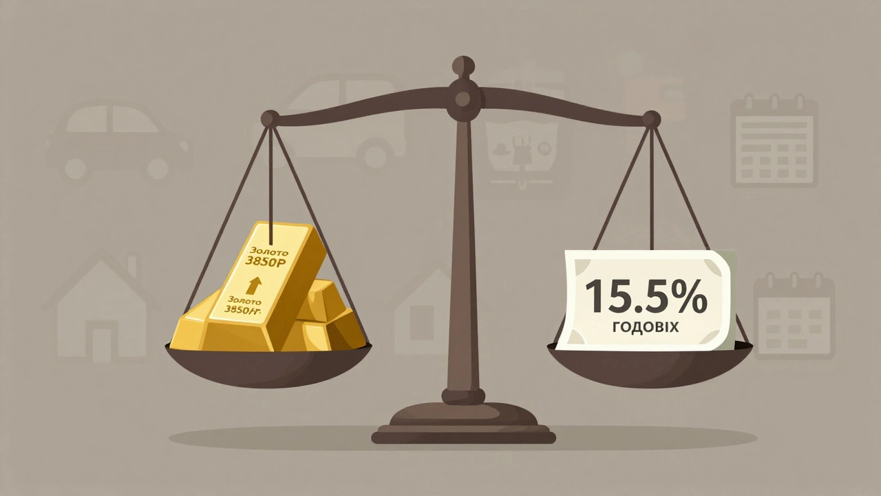 Весы с золотом и банковским вкладом — символ финансового выбора