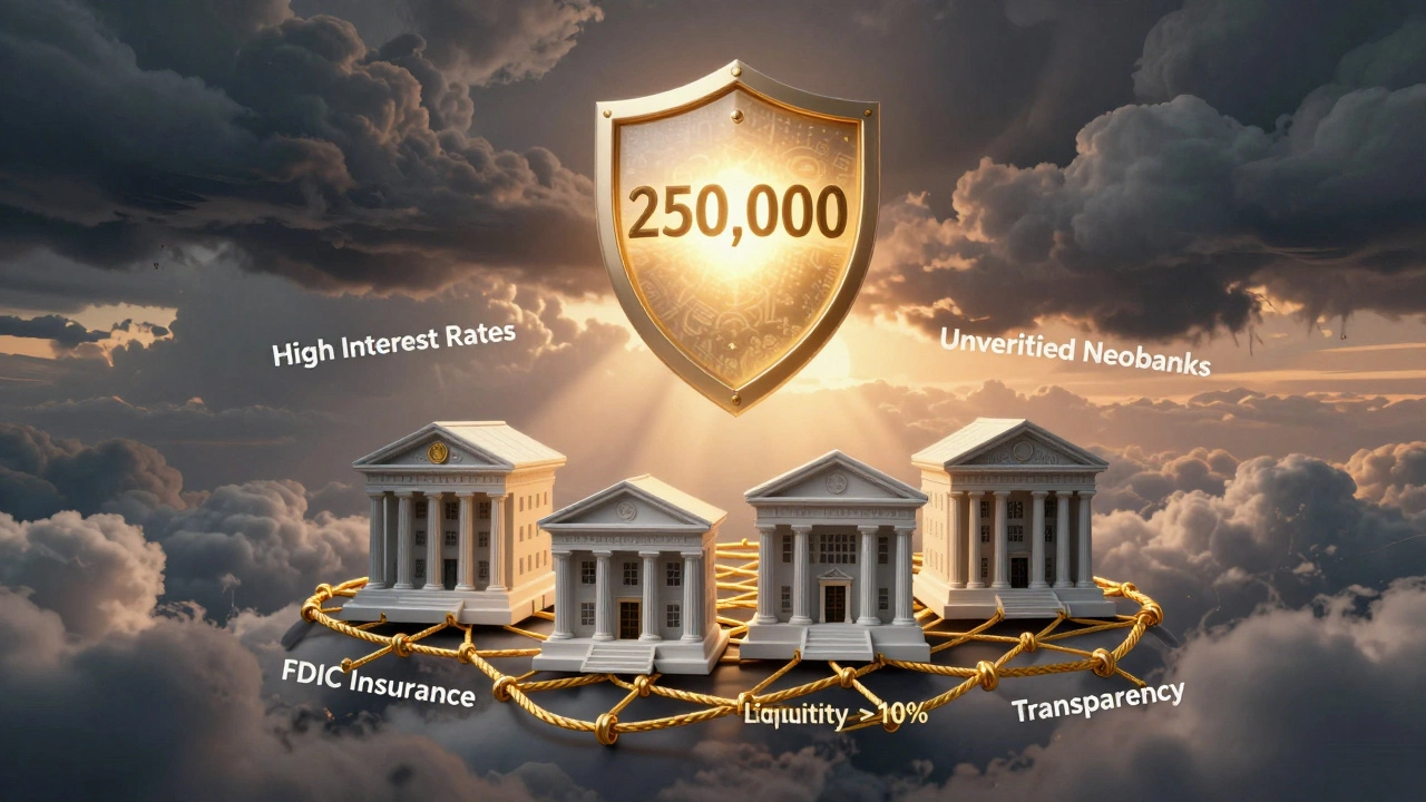 Золотая сеть безопасности с надписями FDIC, ликвидность и прозрачность, защищающая банковские здания, на фоне шторма.