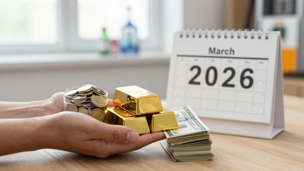 Человек держит три контейнера: рубли, золото и доллары — символ диверсификации сбережений.