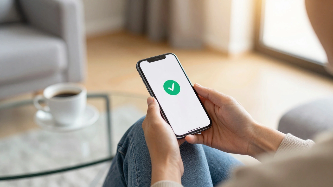 Человек на диване держит телефон с уведомлением об успешной операции.