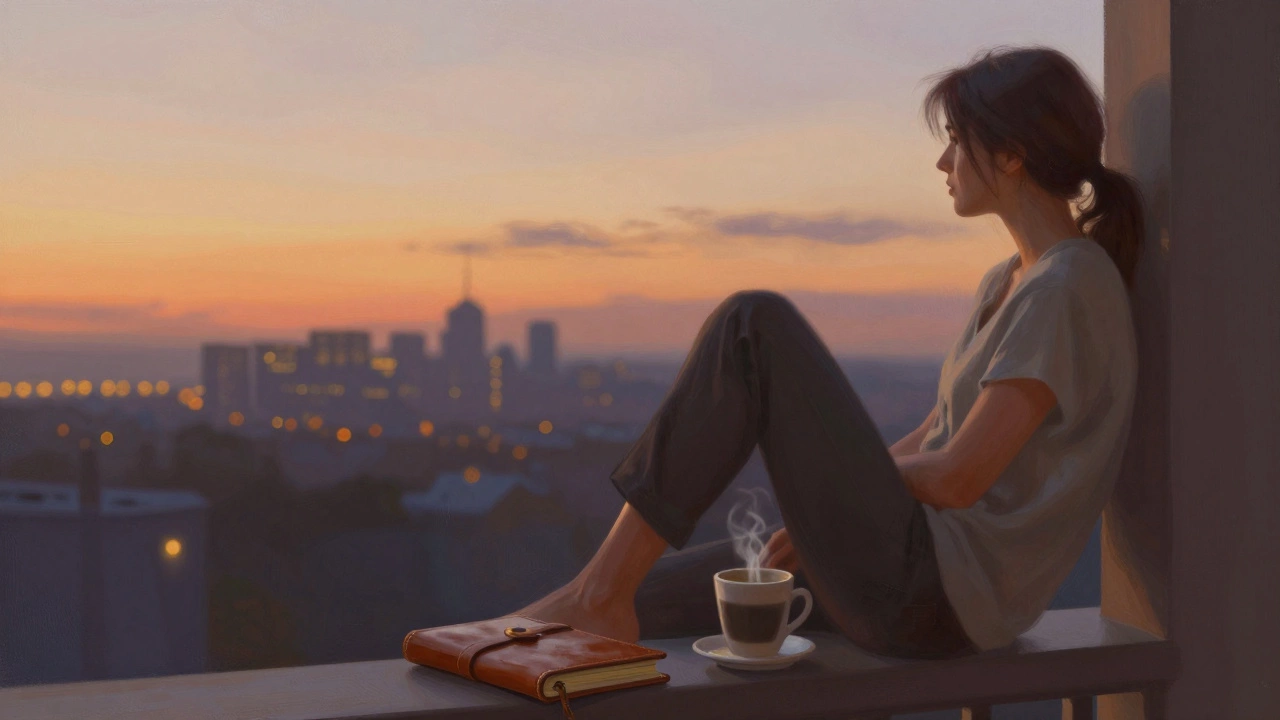 Человек отдыхает на балконе с чашкой кофе на закате