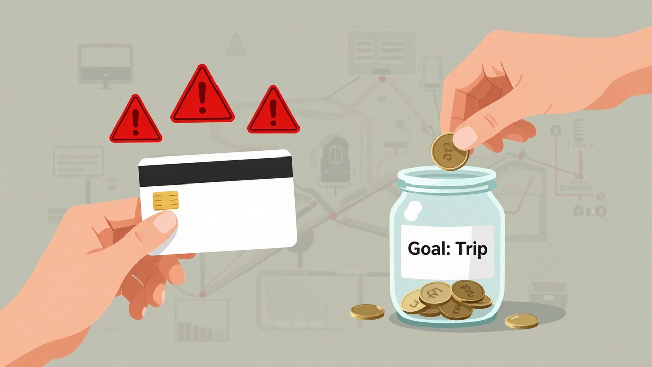 Две руки: одна тратит кредитом с предупреждениями, другая копит монету в банке с целью.