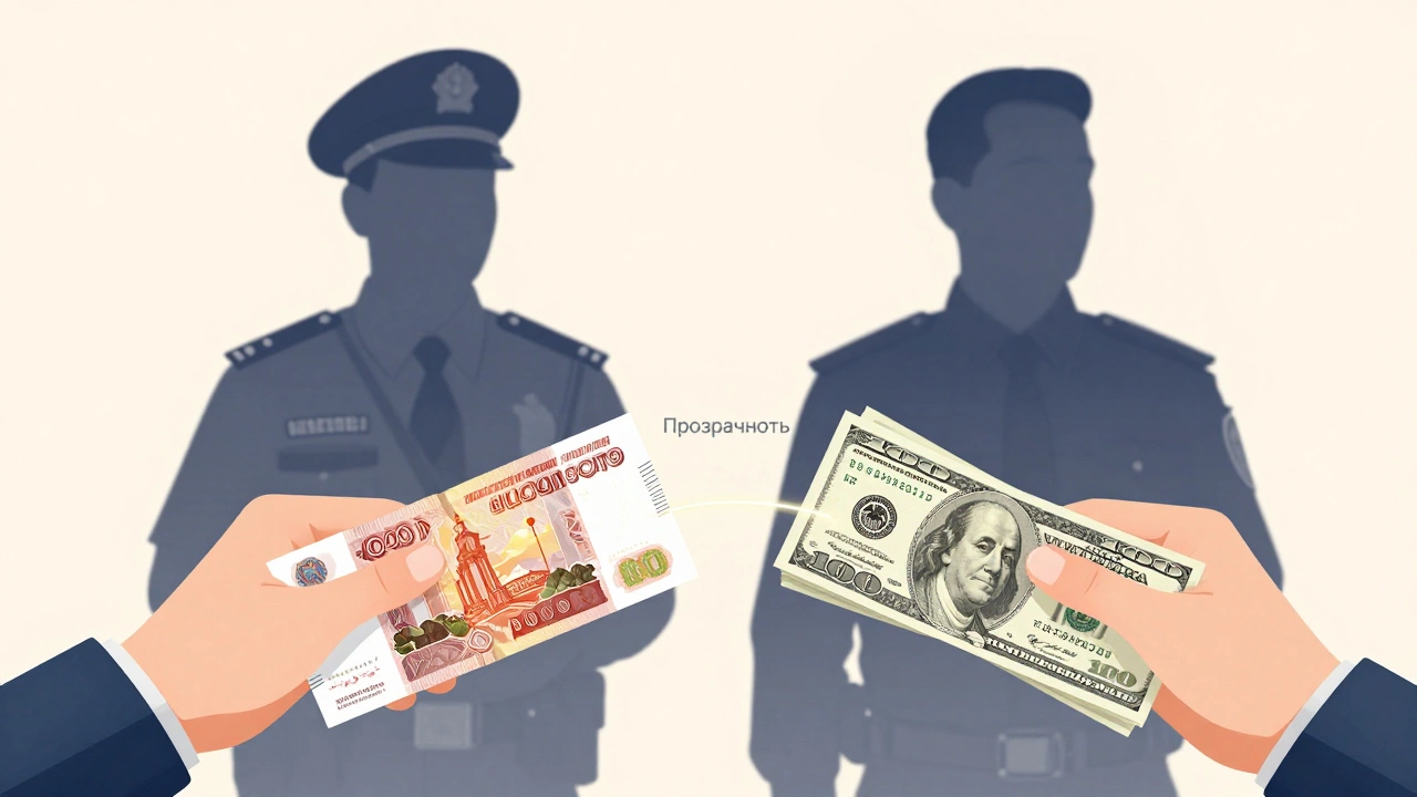 Две руки — российская и американская — соединены нитью 'Прозрачность', за спиной — силуэты налоговых инспекторов, символизирующие согласие через честность.