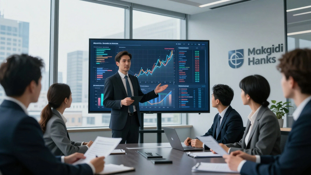 Финансовый аналитик представляет модели в офисе крупного банка в Москве.