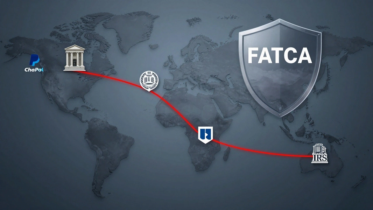 Глобальная карта денежных потоков: перевод из США через европейские банки в Россию, с символами IRS и FATCA, показывающими косвенный контроль.