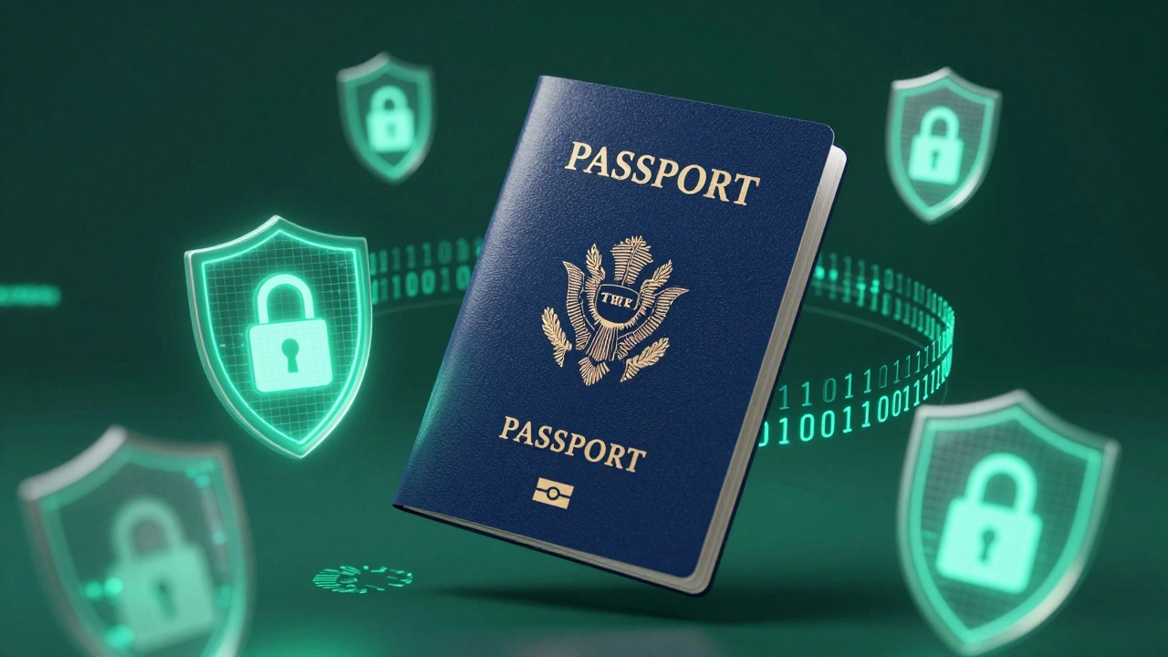 Паспорт окружен цифровыми щитами безопасности и символами шифрования.