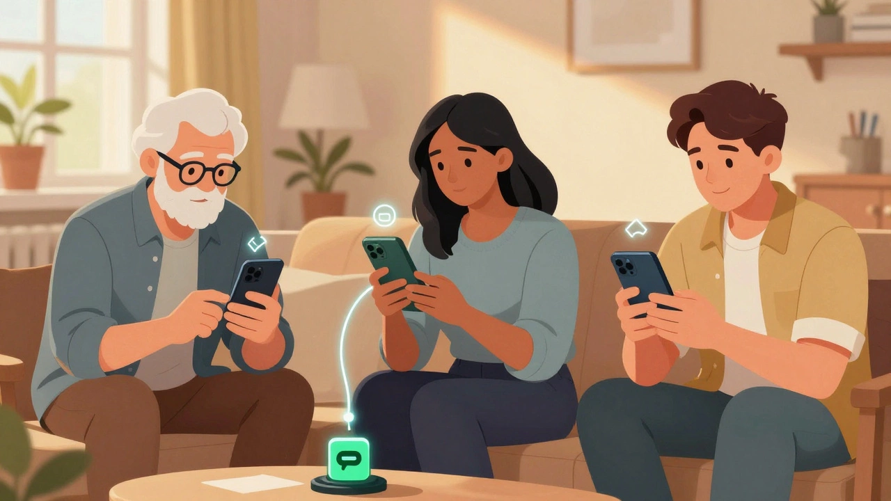 Разные люди открывают счёт онлайн дома — пенсионер, студент и фрилансер — с анимацией безопасной идентификации.