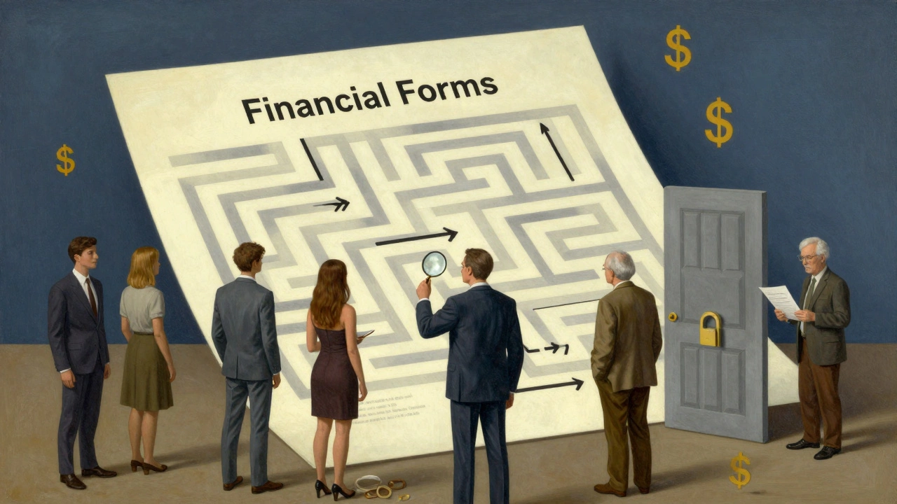Разные люди пытаются разобраться в сложных финансовых формах, как в лабиринте.