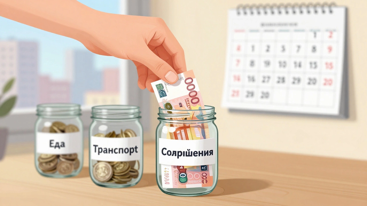 Рука кладет рубль в прозрачную копилку с надписью 'Сбережения', рядом другие банки.