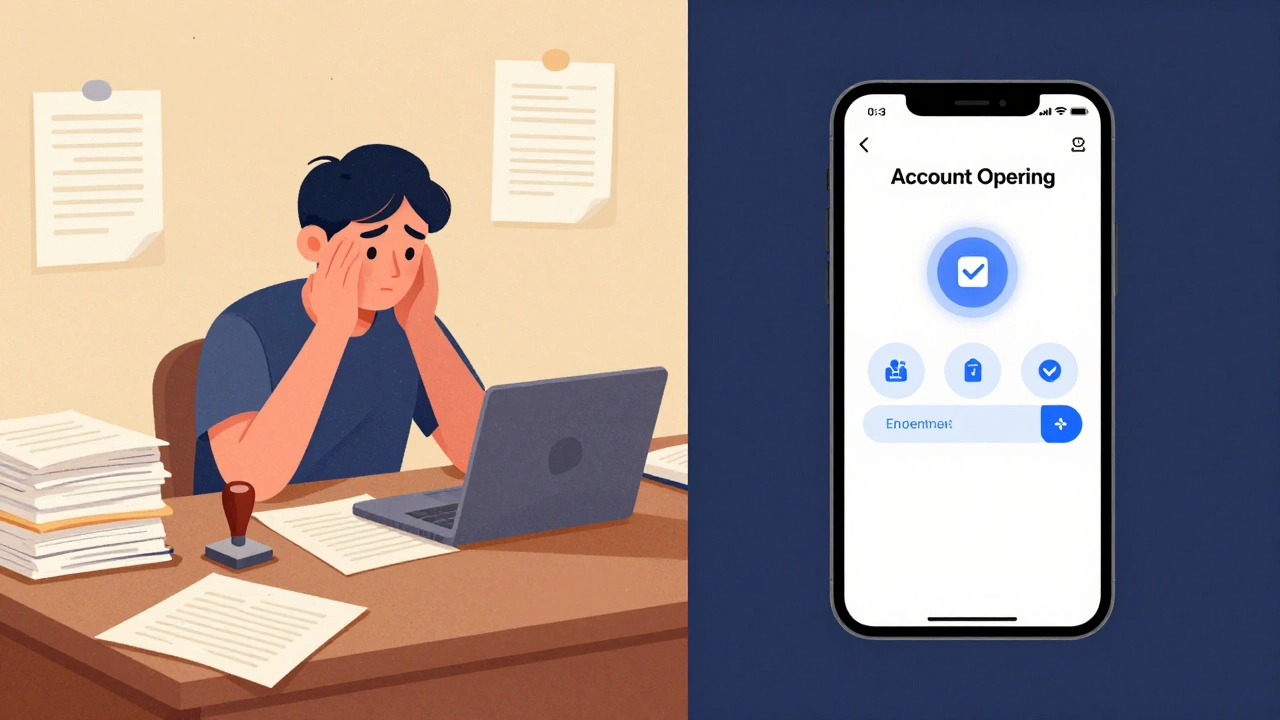 Сравнение старого и нового способа открытия банковского счёта: хаос бумаг и цифровая простота.