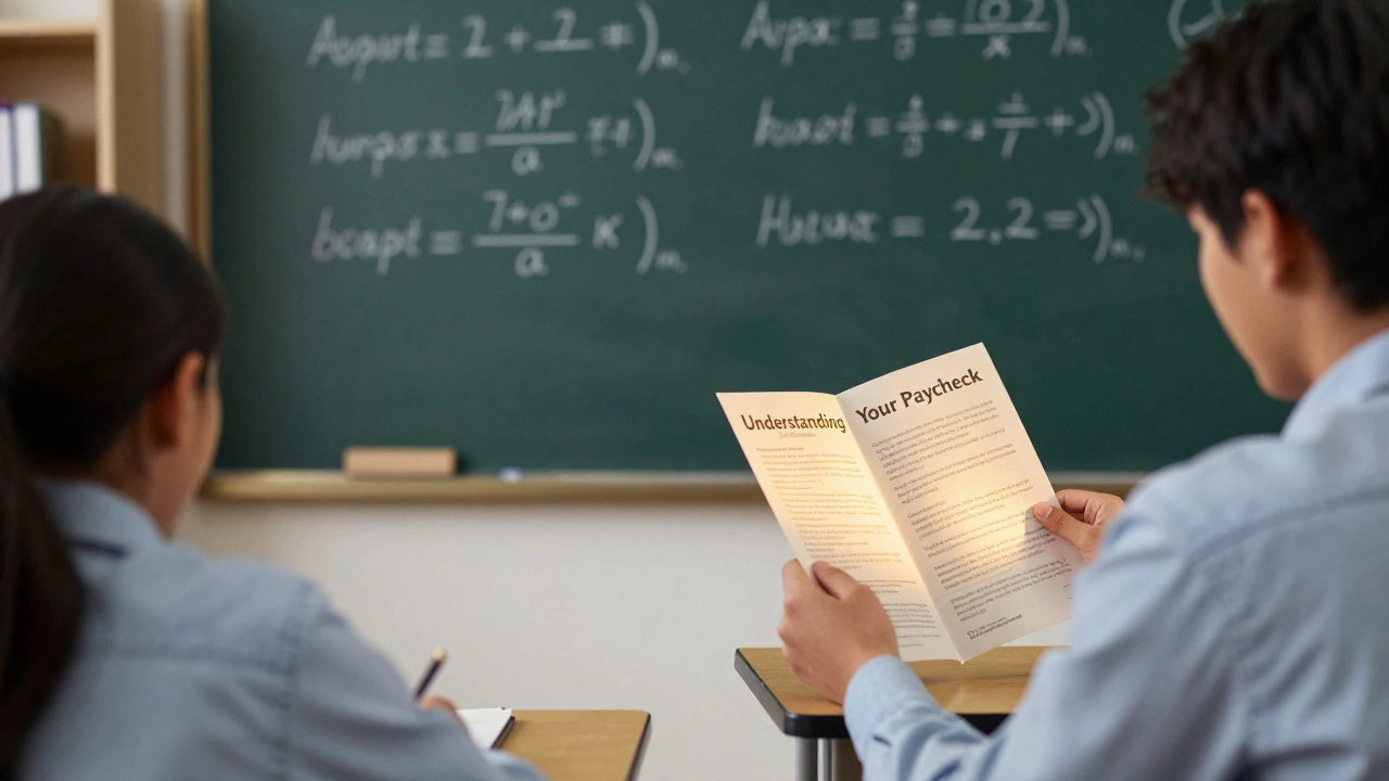 В классе ученики изучают алгебру, но один ученик учится понимать зарплату — символ разрыва между обучением и жизнью.