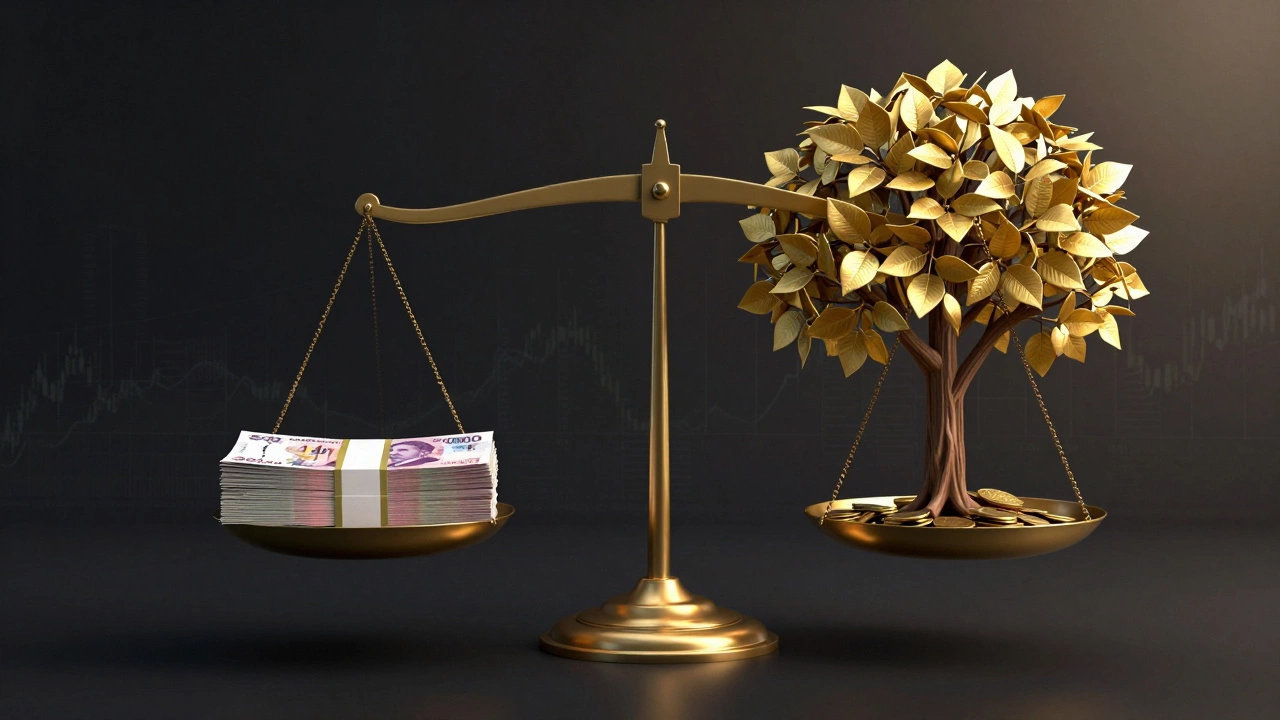 Весы с деньгами и деревом, символизирующим сложный процент, на фоне финансовых графиков.