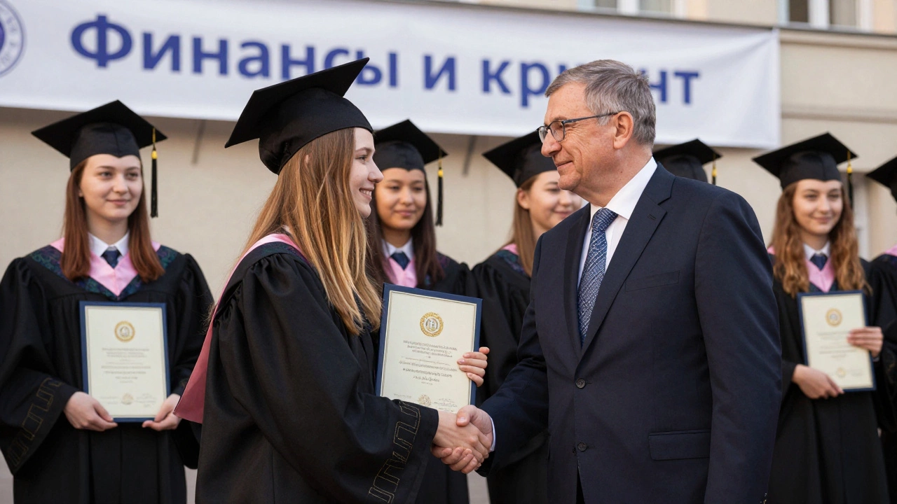 Выпускница получает диплом магистра финансов на церемонии в российском вузе.
