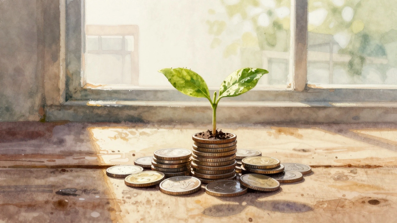 Зеленый побег прорастает сквозь монеты, означая надежду на будущее