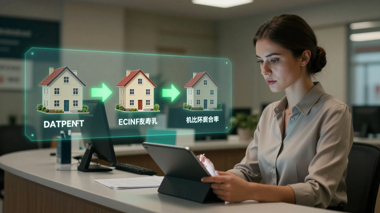 Женщина за столом в банке смотрит на планшет, над ним прозрачные изображения трёх домов, символизирующих повторное использование ипотеки.