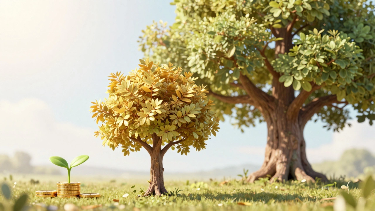 Концепция роста инвестиций от маленького ростка до большого золотого дерева