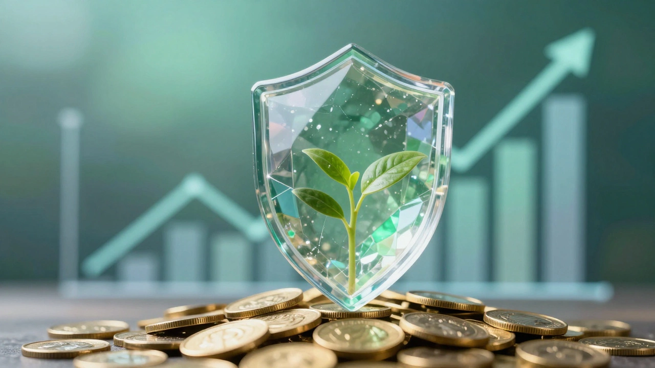 Кристальный щит, защищающий растущий росток из золотых монет, символ финансовой безопасности.